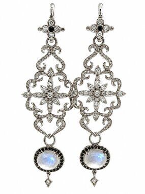 18K & 14K White Gold Moonstone Black Diamond Dangle Earrings 3" 17.9g